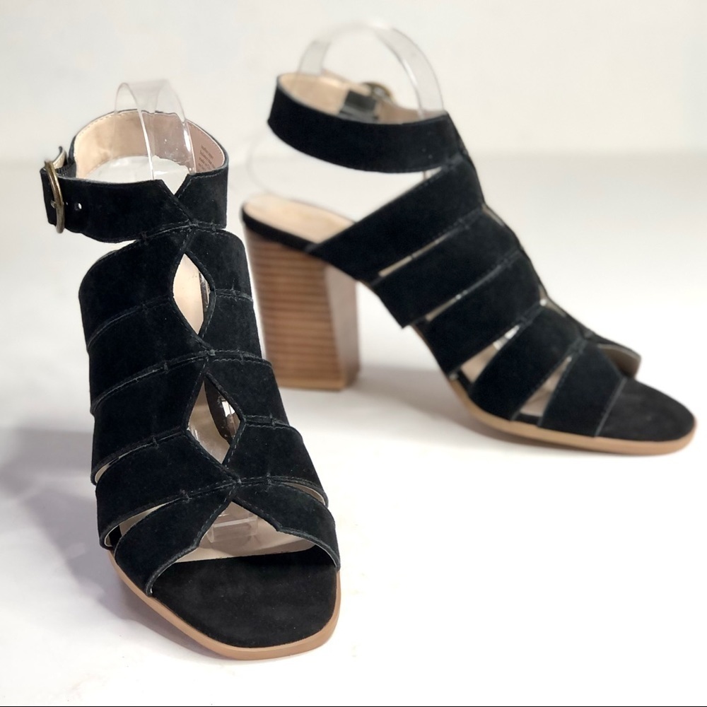 Nwob Seychelles Black Suede Sandals Block Heel Diamond Cutouts Ankle Strap 10